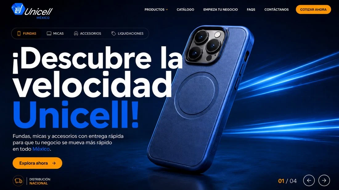 Diseño de sitio web de Unicell, con producto y composición en azul